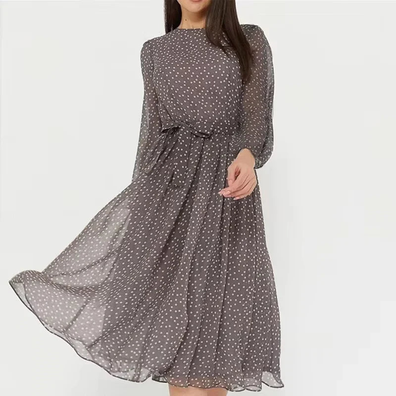 Spring and Summer Chiffon Dress Long Sleeved Solid Color Polka Dot Dress Elegant Lantern Sleeve Round Neck High Waisted Dresses