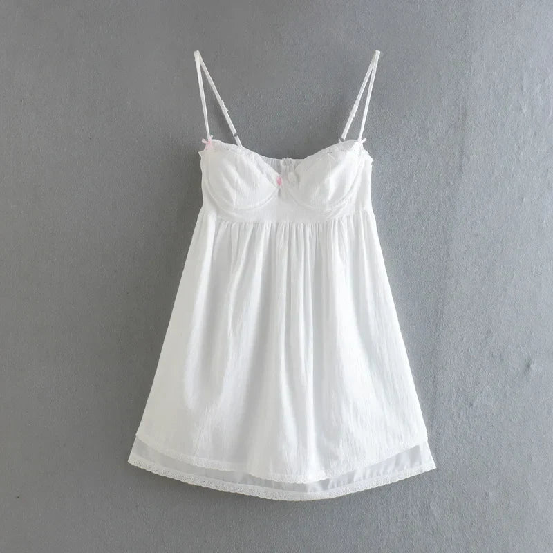 White Spliced Embroidery Lace Bra Corset style Mini Dress Women Backless Party Skater Short Sling Robe Holiday