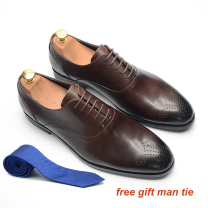 Italian Classy Men's Oxford Dress Shoes Genuine Cow Leather Lace-up Brogue Brown Black Business Office Wedding Formal Shoes Man