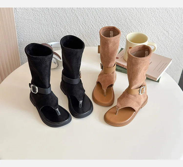 Summer Princess Long Pipe Boots Roman Sandals for Kids Girl Brand Design Ankle Strape Stretch-Satin Flip Flop Girls Shoes I06242