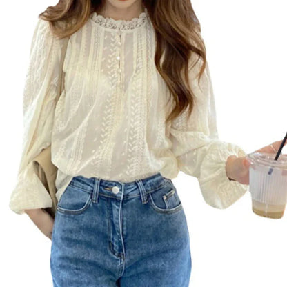New Chic Spring Autumn  Lace Women Fashion Blouse Long Sleeve Casual Elegant Office Loose Shirt Collar Elegant Top Clothes