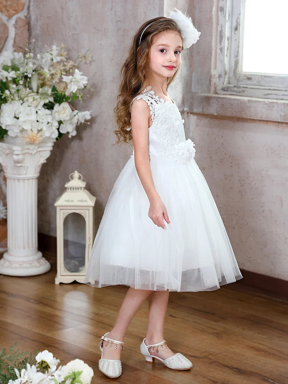 Girls Short Floral Decoration Flower Girl Bridesmaid Dresses Elegant Tulle Dresses Communion Dresses