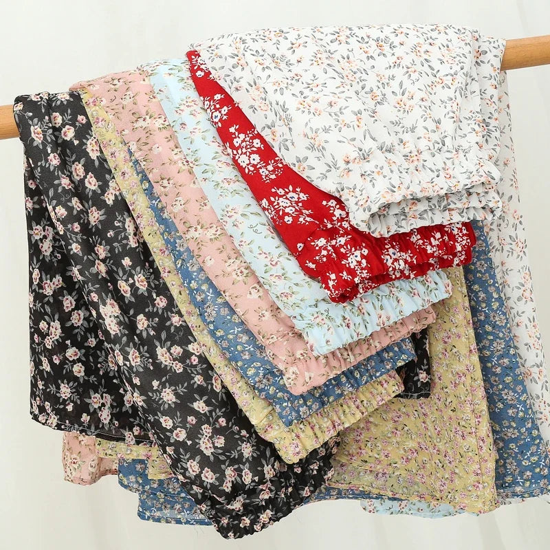Women's Summer Skirts Vintage Floral Printed Chiffon Skirts High-waisted Elastic Waist Relaxed Mid-length Skirts Beach Skirts