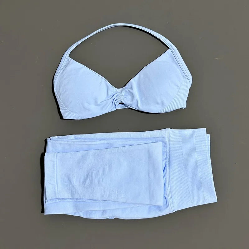 2 Piece Sports Set Women Yoga Backless Halter Bra High Waist Scrunch Seamless Pants Sport Suit Gym Sportswear Workout Set