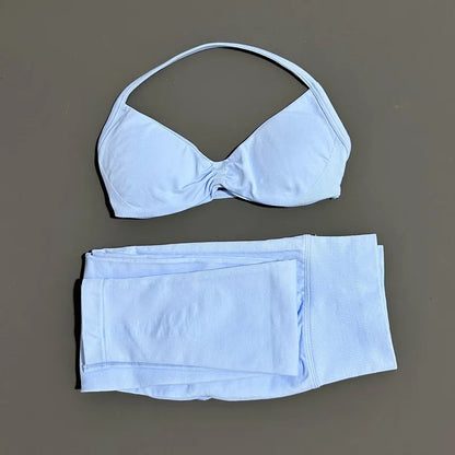 2 Piece Sports Set Women Yoga Backless Halter Bra High Waist Scrunch Seamless Pants Sport Suit Gym Sportswear Workout Set
