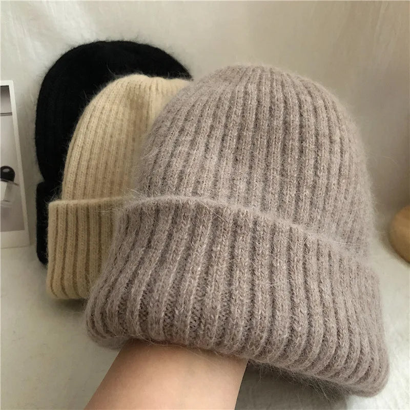 Winter Dome Brimless Casual Hat Warm Rabbit Fur Knit Hat women's double-layer Thick Wool Hat Casual Hat Toe Cap Cold Hat 4m868