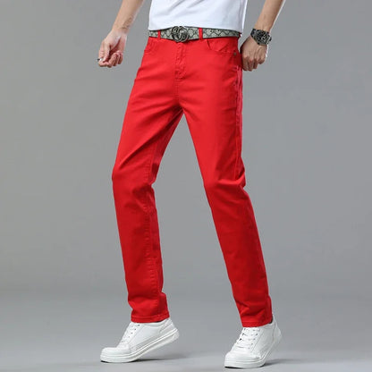 2025 Autumn Men's Elastic Colorful Jeans Breathable Casual  Straight Fitted Solid Color Denim Pants Korean Fashion Trousers