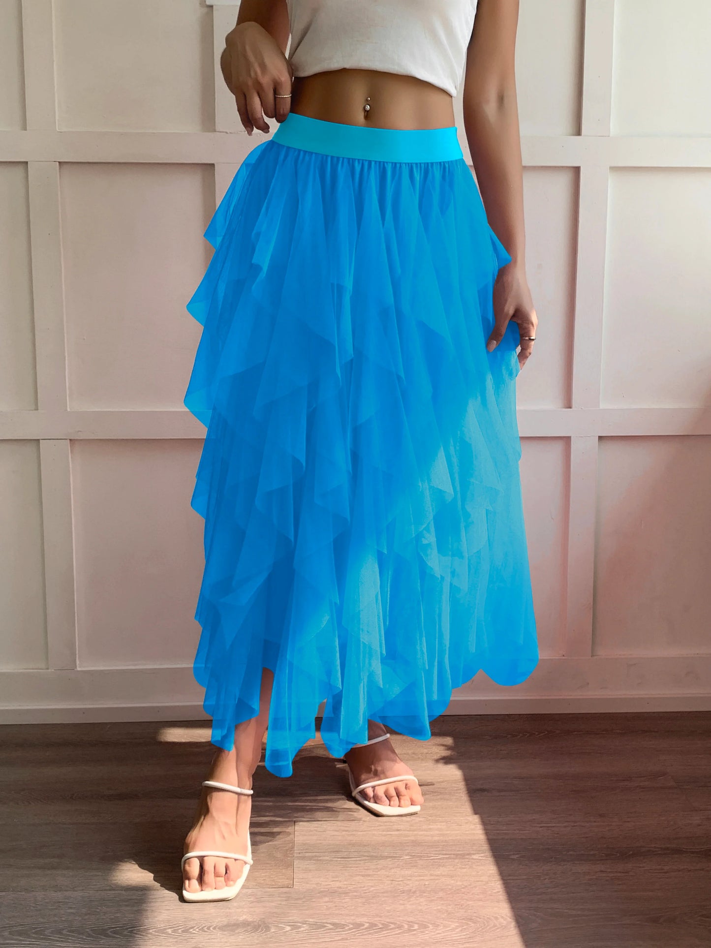 Medium waist chiffon long skirt for women, irregular layered pleated edge layered cake skirt, elegant fairy A-line skirt