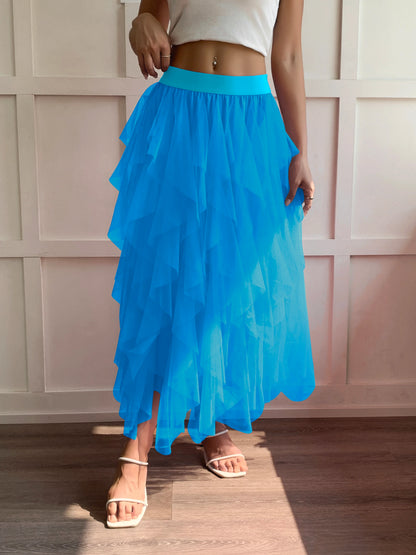 Medium waist chiffon long skirt for women, irregular layered pleated edge layered cake skirt, elegant fairy A-line skirt