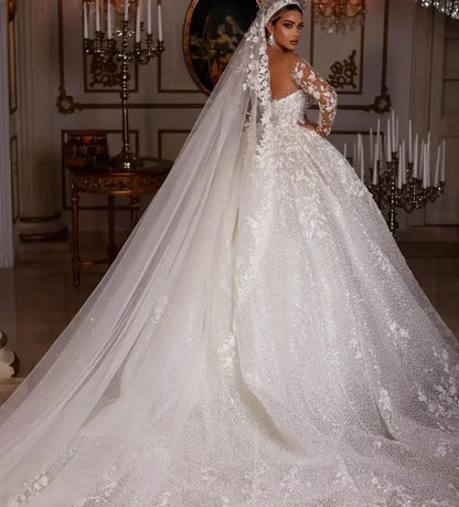 Customized Luxury Wedding Dresses Long Sleeves Sequins Beads Sheer Neck Appliques Glitter Tulle Bride Gowns Vestido