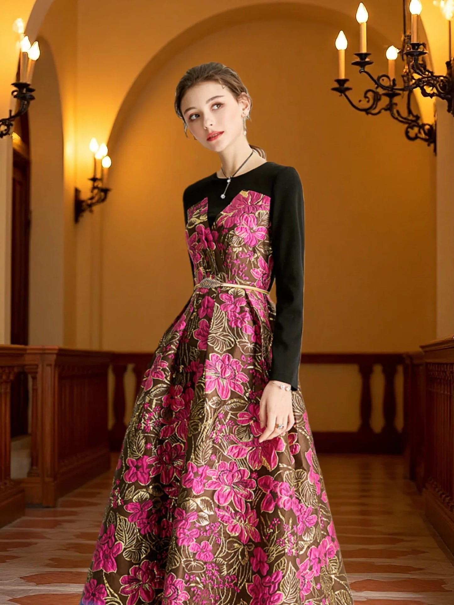 Elegant  Women Long Maxi Jacquard Dress New Party Evening Spliced Spring Autumn Vintage Floral Ball Gown