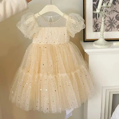 Summer Dresses Girls' Elegant Dress Girl Baby Bubble Sleeve Mesh Sequin Dress Temperament Princess Party Short Sleeve Dress