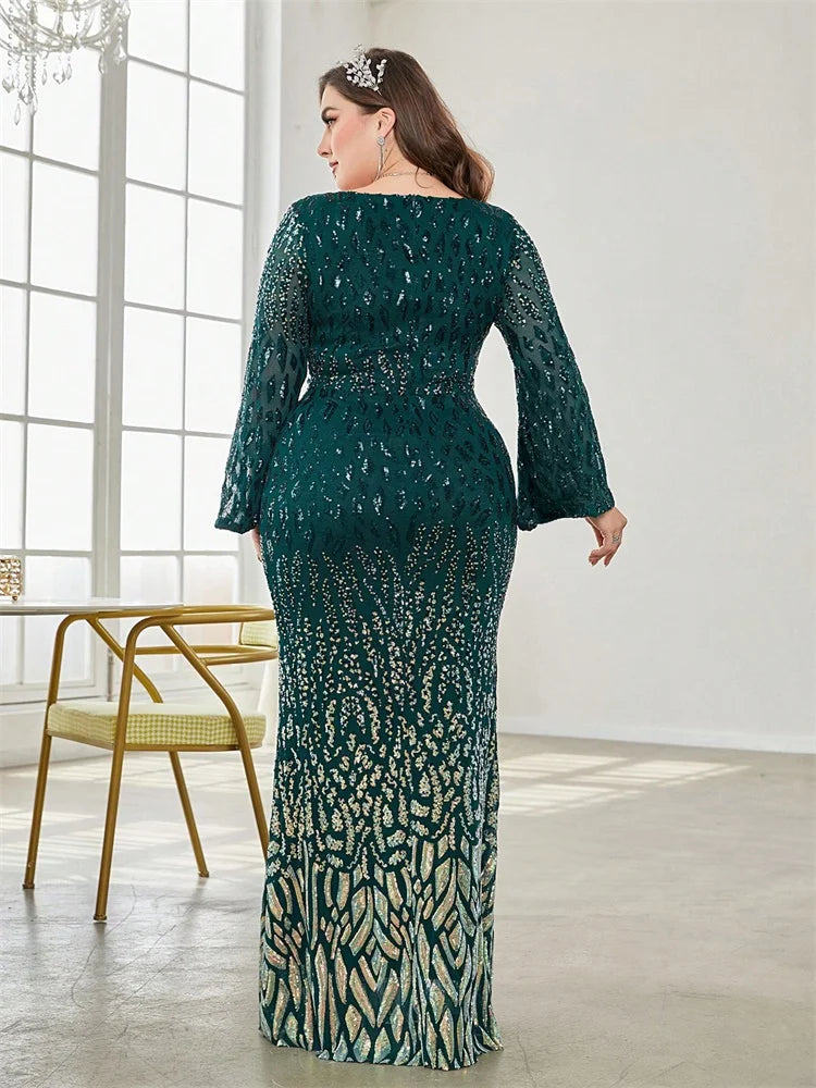 Vestido de Festa Elegante Plus Size com Lantejoulas Preto 2025 Feminino Formal Maxi Baile Mangas Compridas Festa Luxuoso Coquetel