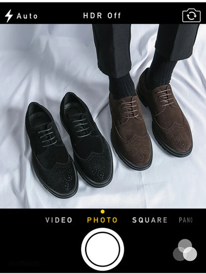 Leather Brock carved business dress shoes for men round head lace-up casual shoes