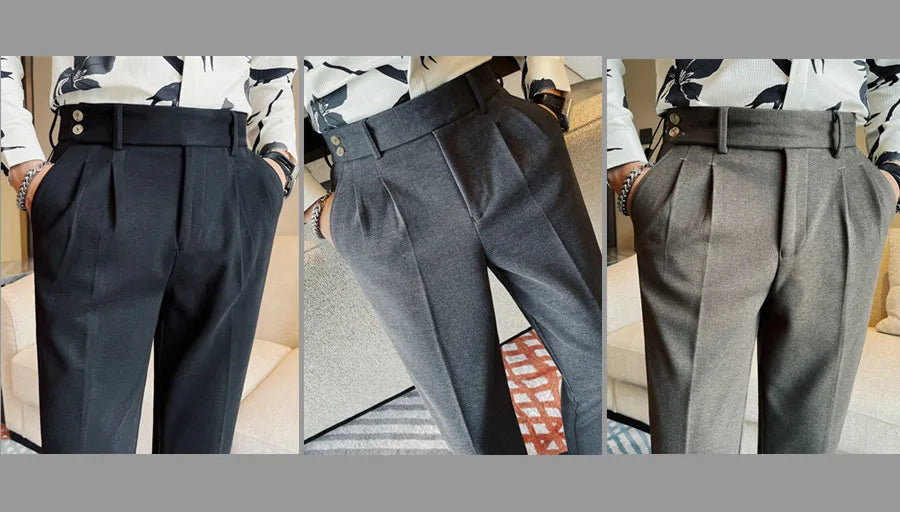 Men's Slim Fit Naples Business Casual Trousers Made of Autumn and Winter Wool, Thickened for Warmth, Classic Ankle-length Pants.