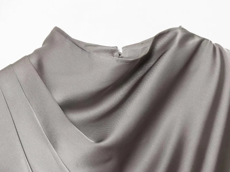 2026 Spring new women's elegant fashion shawl design satin drape top asymmetric wrinkled long-sleeved shirt
