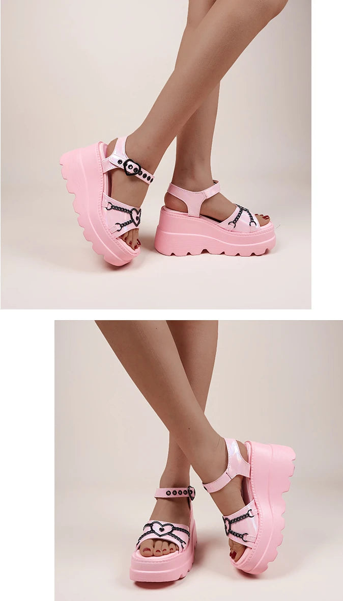 35-42 Plus Size Fashion Slope Heel Women Metal Chain Decoration Sandals Female Platform Buckle Shoes Women's Sandals Tide Shoes