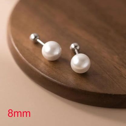 Real 925 Sterling Silver Geometric Round Bead 6/8/10/12mm Pearl Stud Earrings For Women TRENDY Fine Jewelry Accessories