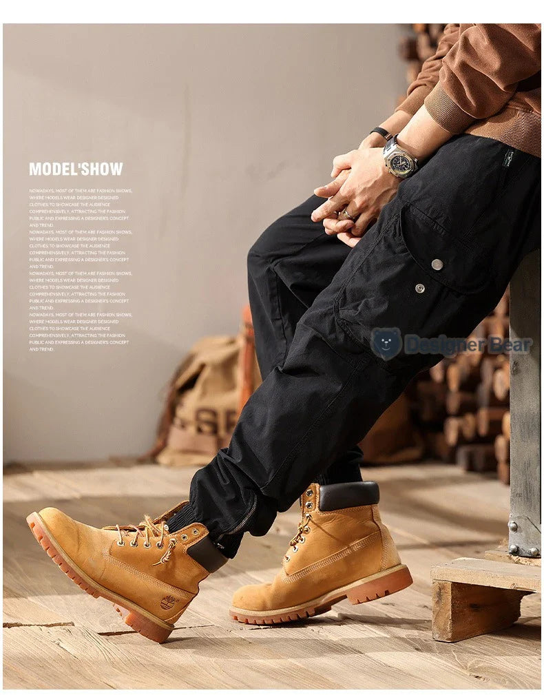 Brand Clothing 2026 Spring Summer Men's Baggy Cargo Pants Multi-Pocket Work Joggers Casual Cotton Tapered Trousers Long Pants