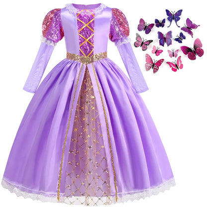 Short Sleeve Purple Puffy Dress + Accessories Girls Cosplay Rapunzel Summer Casual Dress Birthday Party Gift