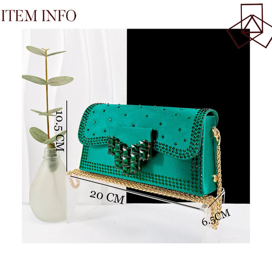 Green Color Rhinestone Comfortable High Heel Shoe And Bag Fashion Style Pointed-Toe Shoes For Women Or Commuting Shoes