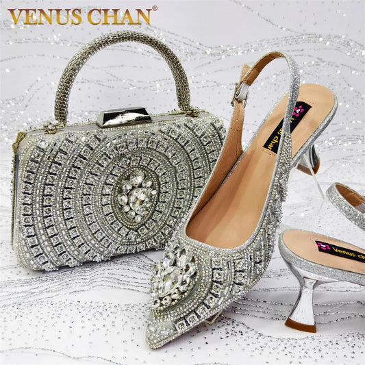 Popular Pointed Women Shoes Heels and Bags Rhinestone Chain Ladies Wedding Party Elegant and Luxurious Fashion