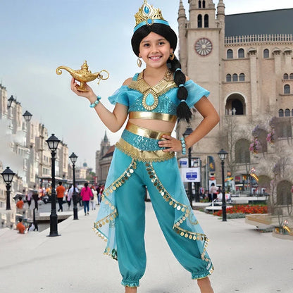 Kids Arabian Princess Dress Girls Halloween Jasmine Costume Children Carnival Cosplay Party Disguise Girl Sequins Pageant Outfit
