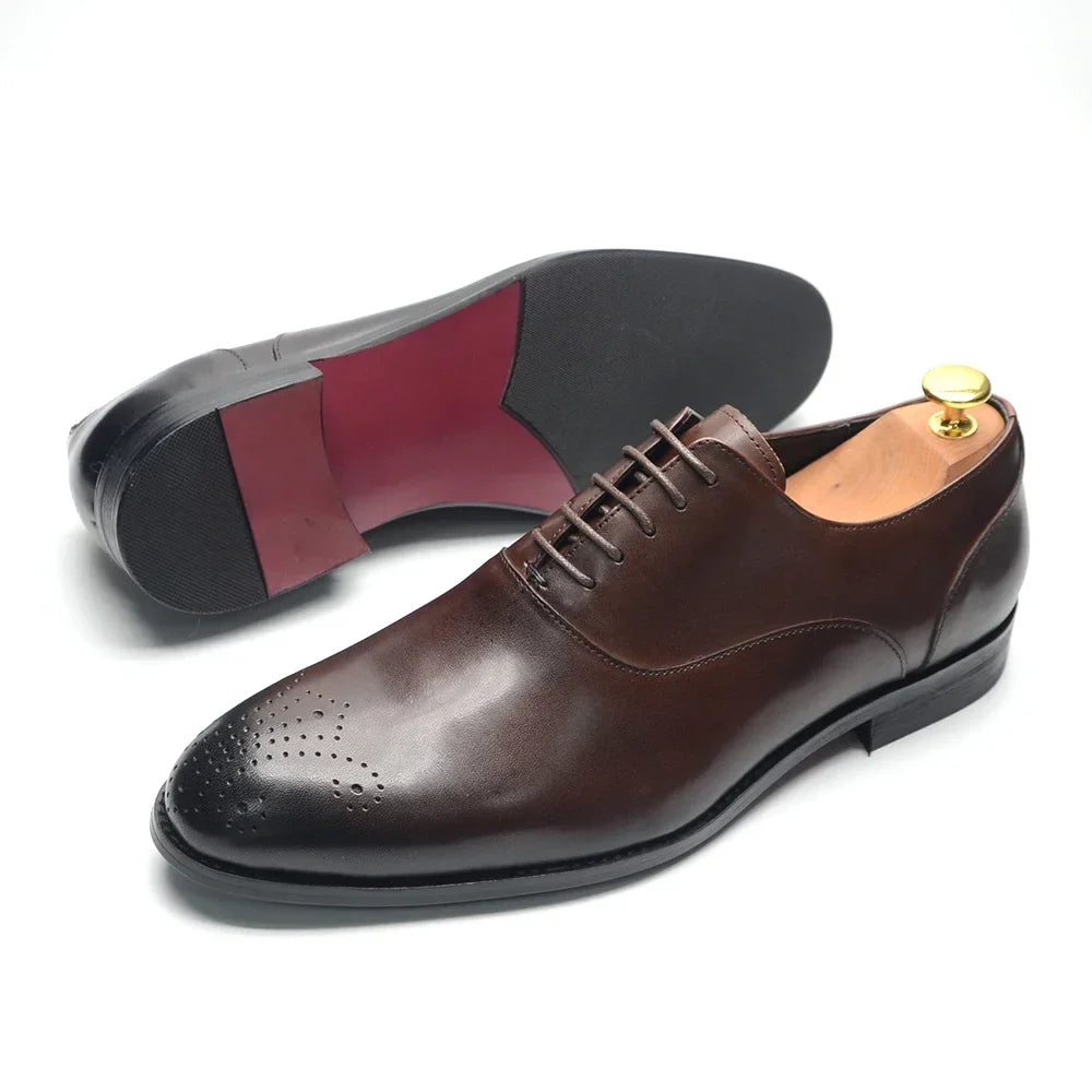 Italian Classy Men's Oxford Dress Shoes Genuine Cow Leather Lace-up Brogue Brown Black Business Office Wedding Formal Shoes Man
