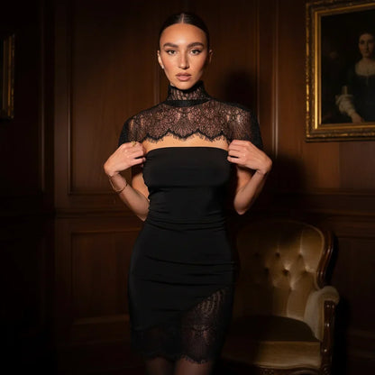 Black Lace Patchwork Strapless Dress Women Sexy Cape Shawl Waist Cinching Slim Mini Dresses Lady 2026 Evening Club Party Gowns