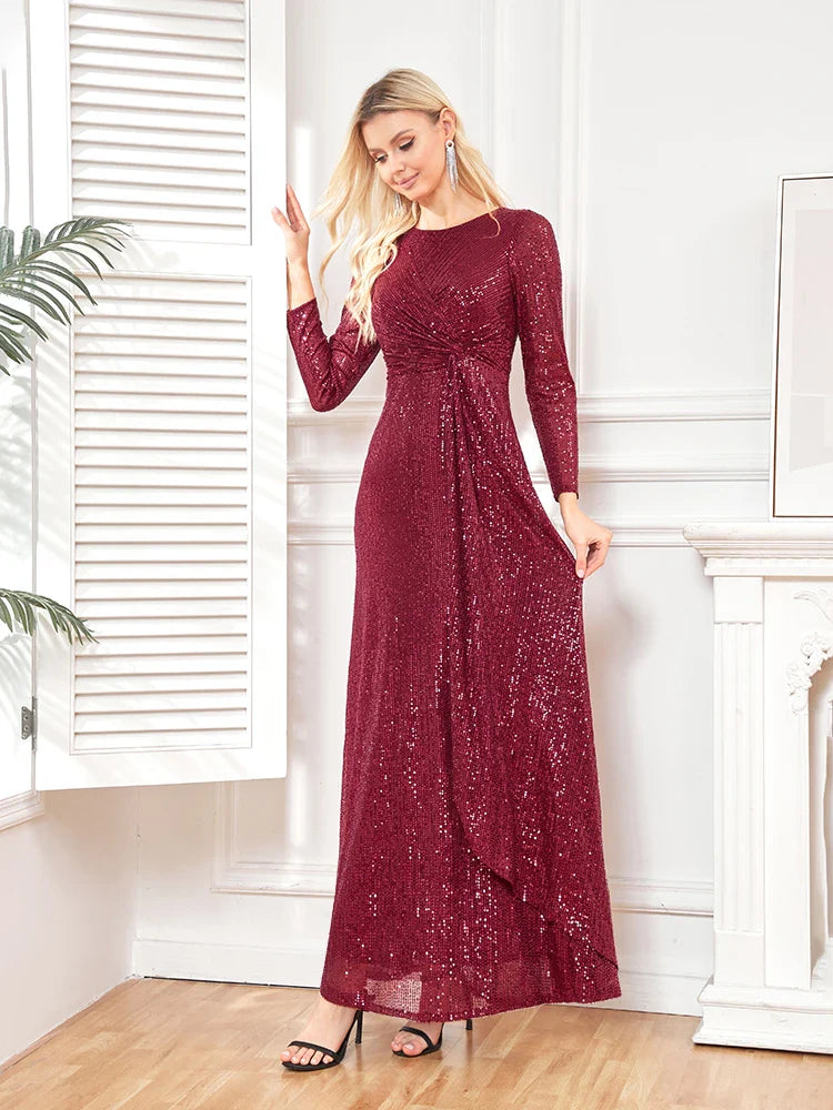 elegant Long Sleeve O-Neck Gold Sequins Evening Dress Luxury 2025 Women Wedding Party Prom Cocktail Dress Vestido