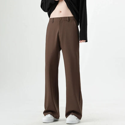 Men's Korean Fashion Small Flared Suit Pants Elastic Waist Drape Loose Straight Solid Color Business Office Casual Male Trousers