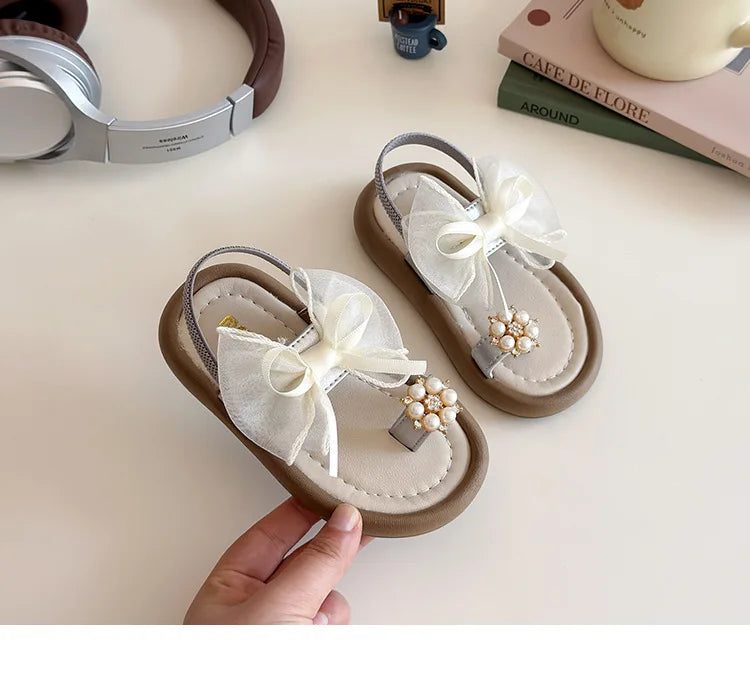 Summer Girl's Sandals Clip-toe Bowknot Elastic Band Soft Sole Kids Sliders Beautiful Pu Leather Chunky Morden Children Shoes