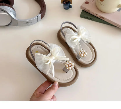 Summer Girl's Sandals Clip-toe Bowknot Elastic Band Soft Sole Kids Sliders Beautiful Pu Leather Chunky Morden Children Shoes