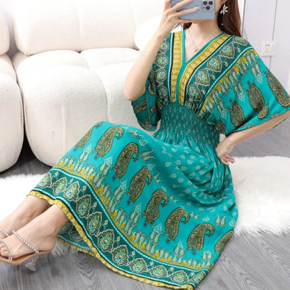 Flower V-neck Elastic Youthful Bohemian Sweet Midi Dress Woman Clothes Chic Fashion Summer Dresses 2025 Large Swing Ski