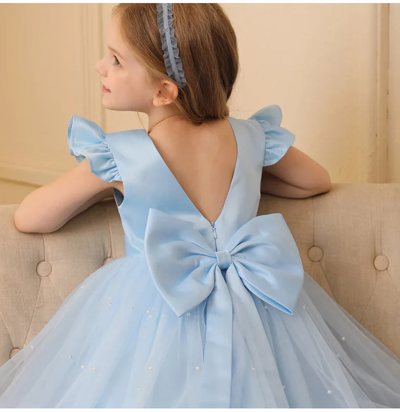 Summer Girl Flower Birthday Tulle Dress Backless Bow Wedding Gown Piano Kids Party Wear Princess Dress Baby Girl Bowknot Dresses