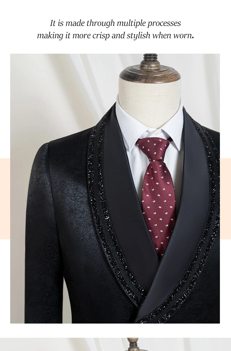 Luxury and fashionable men's suit Rhinestone Collar Shawl Lapel black Wedding Suit 2 Piece Set Groom Tuxedo Banquet party outfit
