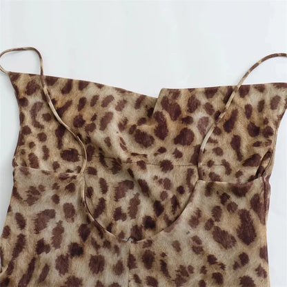 Leopard Print Tulle Slip Dress Woman Backless Summer Long Dresses For Women Vintage Sexy Party Dresses Midi Holiday Dress