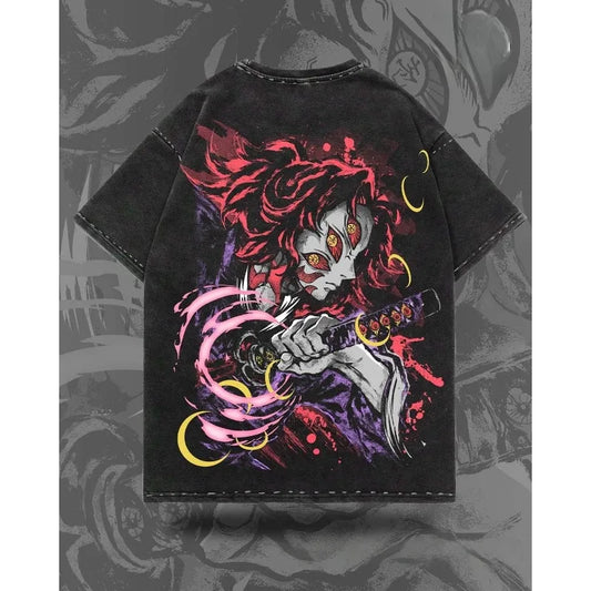 Summer Men's Washes T-shirts Japanese Anime Demon Slayer Kokushibo Graphic Clothing Harajuku Y2K Oversized Cotton Causalswear