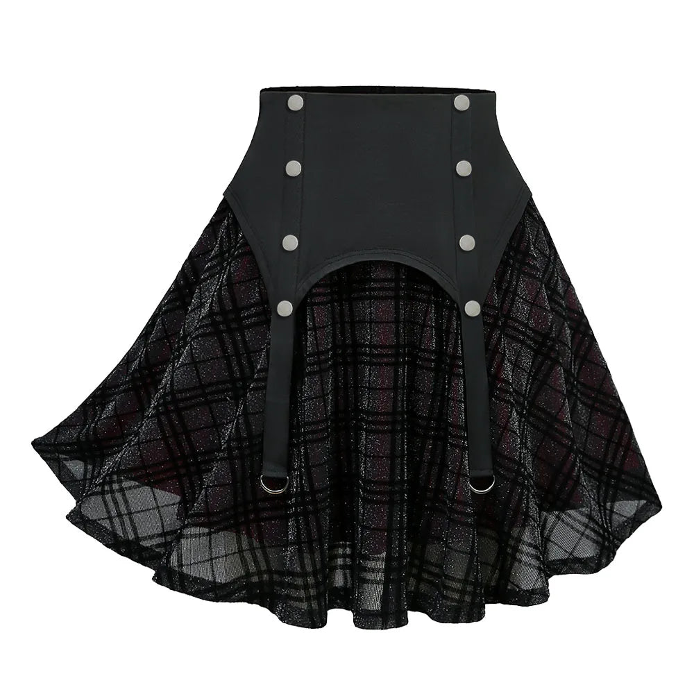 Plus Size Elastic Waist Button Plaid Skirts Silver Flocking Oversize Women's Comfortable Fit Plaid Skirt Black