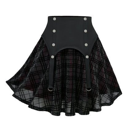 Plus Size Elastic Waist Button Plaid Skirts Silver Flocking Oversize Women's Comfortable Fit Plaid Skirt Black
