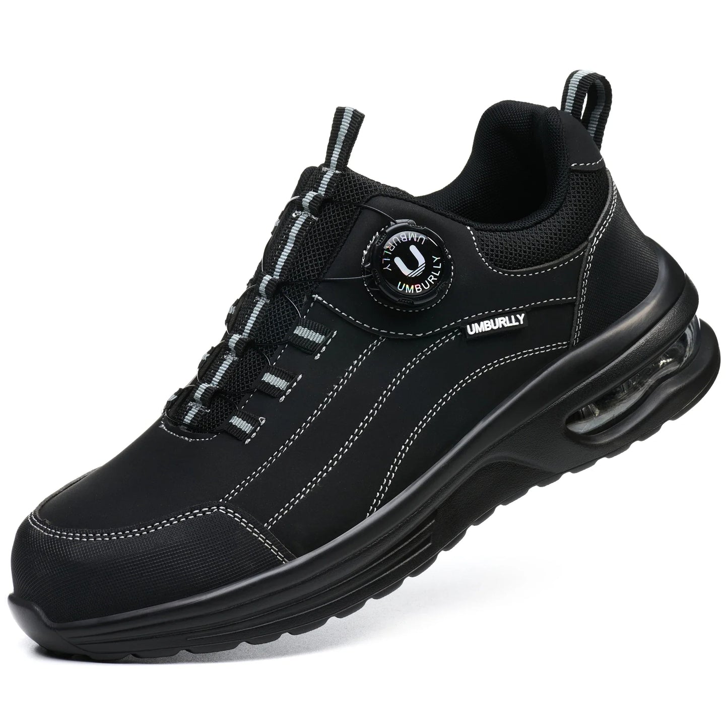 Men's Steel Toe Safety Work Boots Puncture Resistant Kevlar Midsole Air Cushioned Black Button Style Industrial Construction