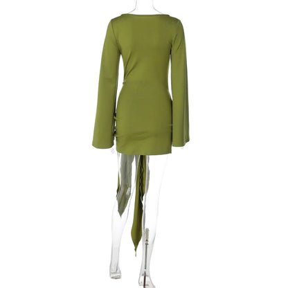 Autumn Fashion Elegant O-Neck Long Sleeve Slim Fit Lace Up Mini Dress Ladies Solid Casual Clothes Party Club Outfit
