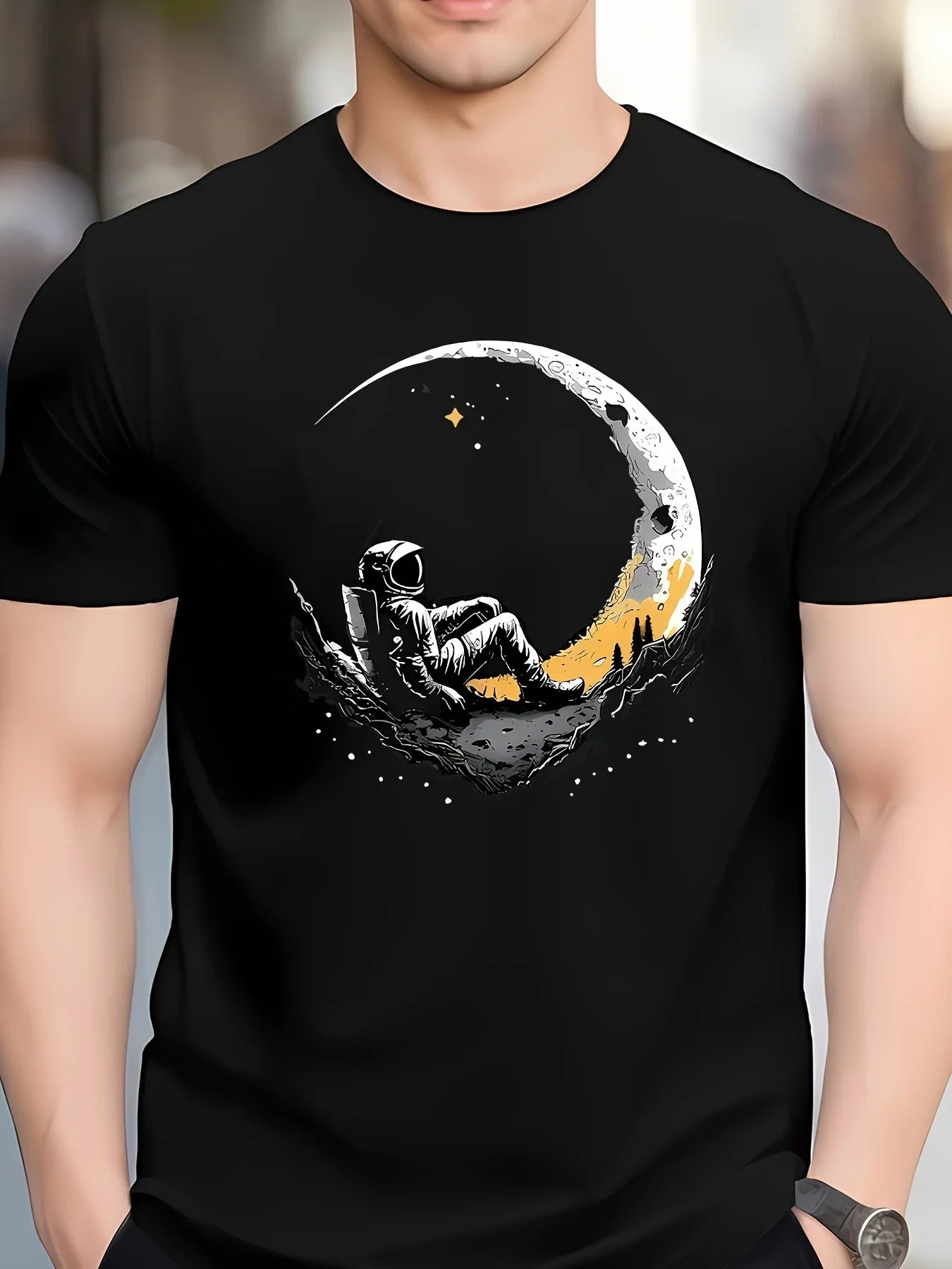Men's summer 100 cotton fashionable casual loose plus size landing moon pattern printed sports round neck short sleeved T-shirt