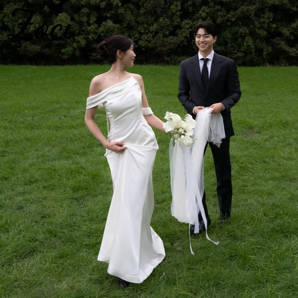 Elegant One Shoulder Korea Wedding Dresses Customized Spaghetti Straps Mermaid Bride Dress Crepe PhotoShoot Bridal Gown