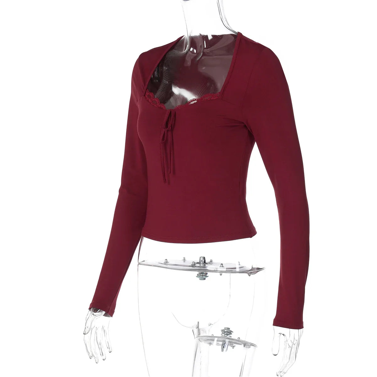 Dulzura 2025 Outono Mais Recente Moda Sexy Gola Quadrada Manga Comprida Fina Com Laço Renda Babados Retalhos Camiseta Roupas de Festa Balada