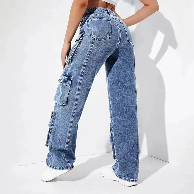 Jeans Women Straight Cargo Pants Denim High Waist Vintage Pockets Button Basics Ankle Length Trousers 2024 Autumn Streetwear