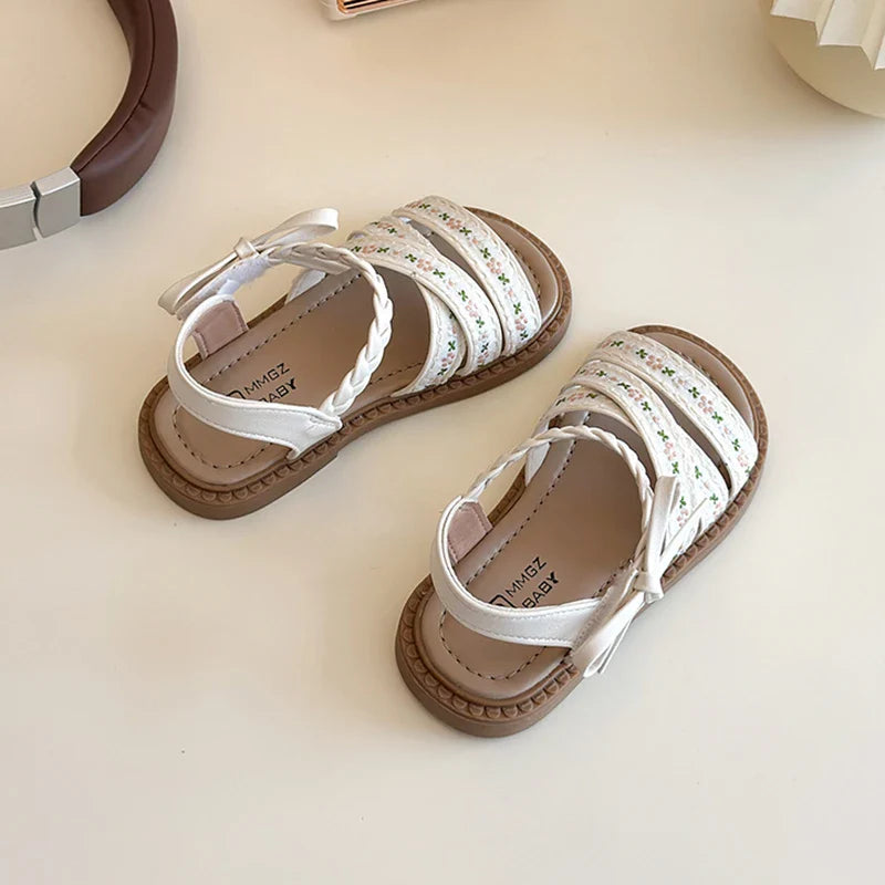 Summer Girl's Sandals Braided Flower Classic Trendy Vintage Kids Sliders Beige Brown Open Toe Holiday Pu Leather Children Shoes