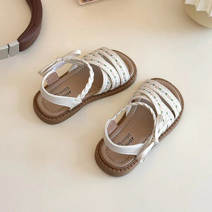 Summer Girl's Sandals Braided Flower Classic Trendy Vintage Kids Sliders Beige Brown Open Toe Holiday Pu Leather Children Shoes
