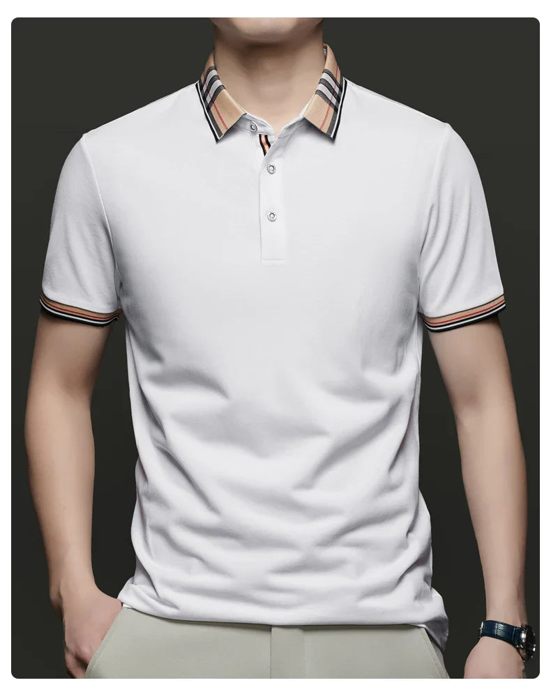 Fashion brand luxury short sleeve polo shirt men summer quality silky cotton breathable business casual striped collar T-shirt