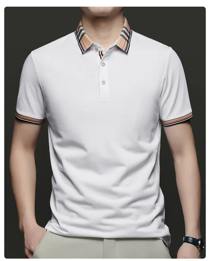 Fashion brand luxury short sleeve polo shirt men summer quality silky cotton breathable business casual striped collar T-shirt